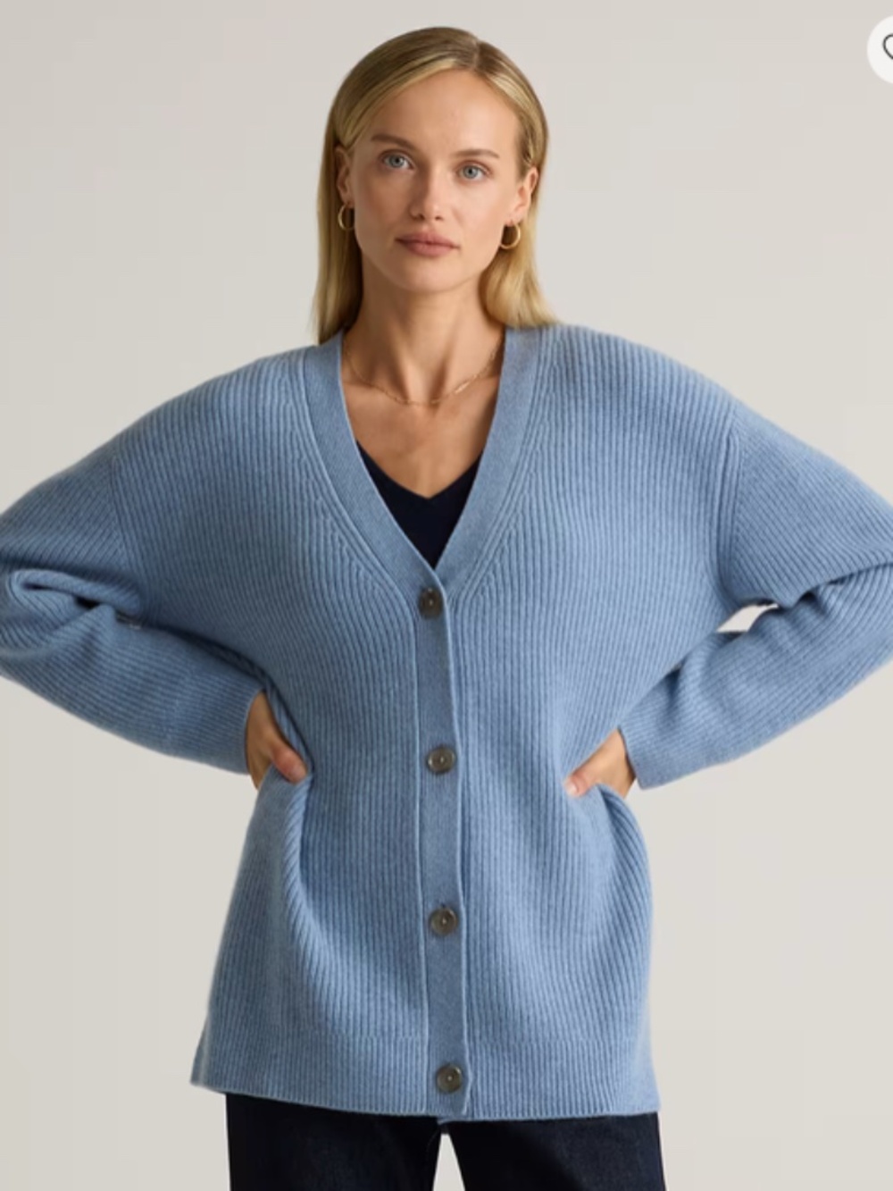 Quince Faded Denim Mongolian Cashmere Oversized Boyfriend Cardigan Sweater